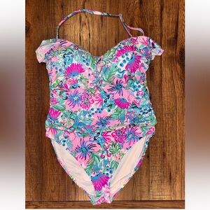 Lilly Pulitzer Pink Floral Ruffle One-Piece Swimsuit with Blue & Green Print